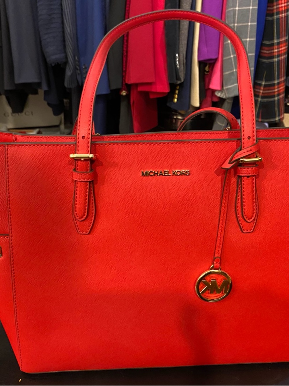 Michael Kors Bright Red Saffiano Leather Tote with Gold Accent
